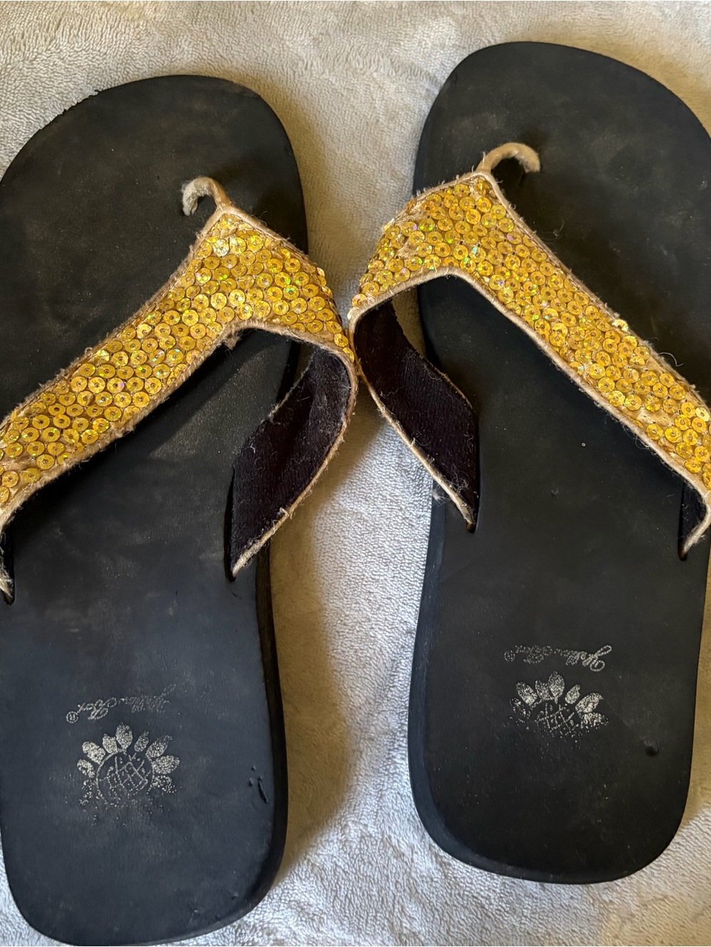 Yellow Box Black Sandals with Gold Sequin Straps